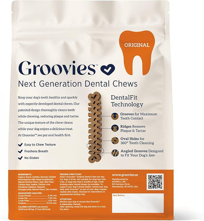 Groovies Flexible, Yet Moderately Tough Daily Dog Dental Chews. Powered by USA-Patented DentalFit Technology. No Added Gluten, No Artificial Flavors or Colors. Original 27oz Small (96Chews)