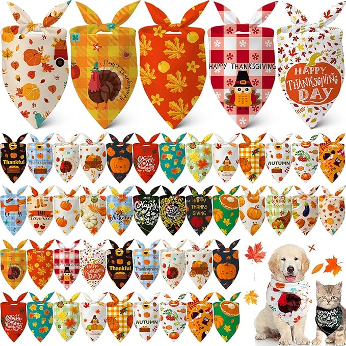 Sanwuta 60 Pcs Fall Dog Bandanas Thanksgiving Dog Bandanas Bulk Adjustable Pet Bibs Triangle Scarf Holiday Costume for Small to Large Pet (Turkey Pattern)