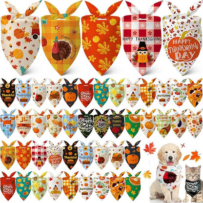 Sanwuta 60 Pcs Fall Dog Bandanas Thanksgiving Dog Bandanas Bulk Adjustable Pet Bibs Triangle Scarf Holiday Costume for Small to Large Pet (Turkey Pattern)