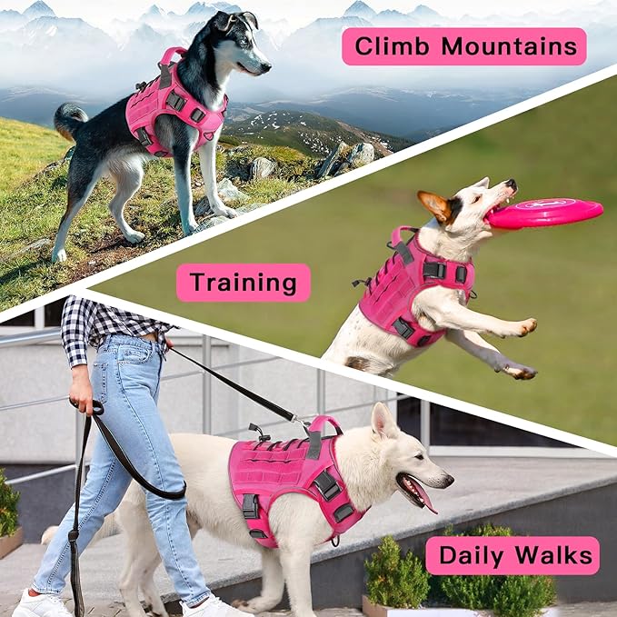 WINGOIN Pink Tactical Dog Harness with Handle Tactical Dog Harness for Large Dogs No Pull Adjustable Pet Harness Reflective K9 Military Service Dog Vest for Walking Hiking Training (L)