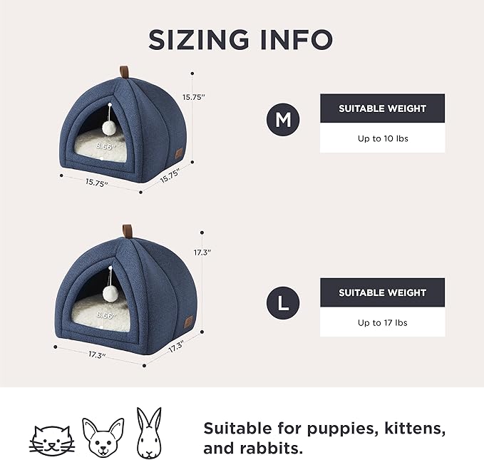 Bedsure Cat Beds for Indoor - 2 in 1 Cat Cave House Tent for Kittens and Small Pets with Removable Washable Cushioned Pillow, Foldable Kitten Hideaway with Non-Slip Bottom, Navy, 16 inches