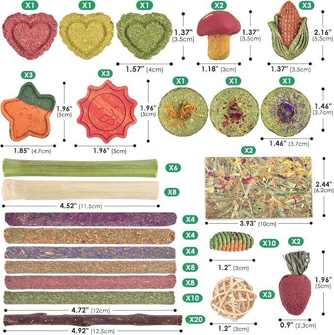 ERKOON 106PCS Bunny Chew Toys for Rabbits Teeth, Natural Rabbit Toys Apple Wood Sticks, Carrot, Timothy Grass Treats for Small Pets, Hamster, Chinchilla, Guinea Pig Dental Care and Treat Teething Toys