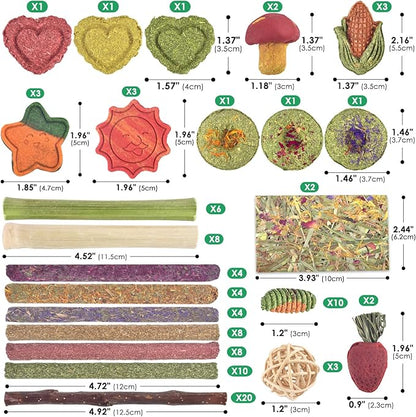 ERKOON 106PCS Bunny Chew Toys for Rabbits Teeth, Natural Rabbit Toys Apple Wood Sticks, Carrot, Timothy Grass Treats for Small Pets, Hamster, Chinchilla, Guinea Pig Dental Care and Treat Teething Toys