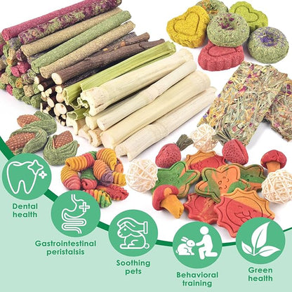 ERKOON 106PCS Bunny Chew Toys for Rabbits Teeth, Natural Rabbit Toys Apple Wood Sticks, Carrot, Timothy Grass Treats for Small Pets, Hamster, Chinchilla, Guinea Pig Dental Care and Treat Teething Toys
