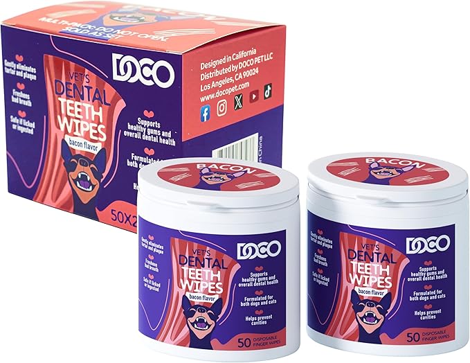DOCO Dog Teeth Cleaning Wipes Dental Finger Wipes for Cats & Dogs Remove Plaque & Tartar, Freshen Breath, No Rinse, Easy & Effective Pet Tooth Cleaning Kit for Oral Care (Bacon Flavor, 100 Count)