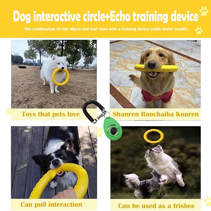 Dog Training Ring - Pet Fun Training Set of Yellow Interactive Dogs Ring and Green Pet Training Clicker,dogtraining Toy/Dog chew Toy for Aggressive chewers,Medium-Sized/Large