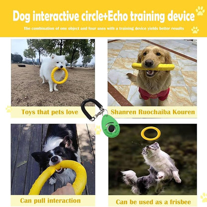 Dog Training Ring - Pet Fun Training Set of Yellow Interactive Dogs Ring and Green Pet Training Clicker,dogtraining Toy/Dog chew Toy for Aggressive chewers,Medium-Sized/Large