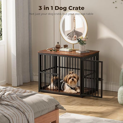 Lyromix 33'' Dog Crate Furniture with 3 Doors,Wooden Crate End Table Heavy Duty Indoor Puppy Cage for Small to Medium Dogs, Multiple Units Can be Combined, Rustic Brown