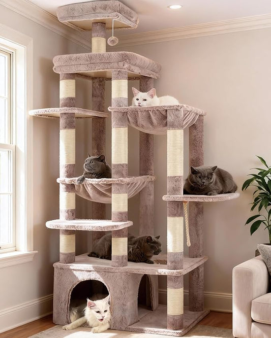 Heybly Cat Tree, 71-Inch Tall Cat Tower for Large Maine Coon Cats with Extra-Large Baseboard, Cat Condo Furniture with Multi-Level Platforms, 2 Hammocks and 12 Scratching Posts, Muchroom HCT037MU