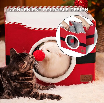 Bedsure Cat Beds for Indoor Cats - Large Cat Cave for Pet Cat House with Fluffy Ball Hanging and Scratch Pad, Foldable Cat Hideaway, 16.5x16.5x13 inches,Red
