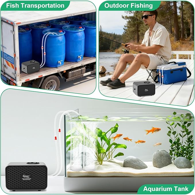 hygger Aquarium Air Pump, USB Rechargeable Battery Powered Fish Tank Air Pump 6W/10W with LCD Display Dual Outlets, Adjustable Aerator for Fish Oxygen Pump for 5-200 Gallon Tank