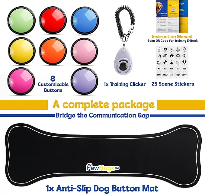Dog Buttons for Communication with Mat & Clicker – 30s Recordable Dog Buttons Talk, Talking Buttons for Dogs, Gift for Dog Owners with Training Guide, Custom Stickers, and Clear Sound (8-Pack)