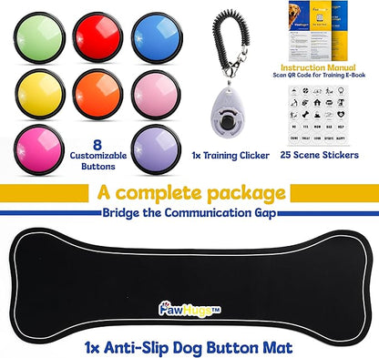 Dog Buttons for Communication with Mat & Clicker – 30s Recordable Dog Buttons Talk, Talking Buttons for Dogs, Gift for Dog Owners with Training Guide, Custom Stickers, and Clear Sound (8-Pack)