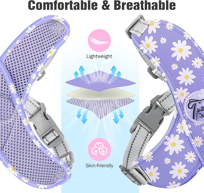 Pawaboo Small Dog Harness and Leash Set, Puppy Harness X-Frame No Pull No Choke, Dog Vest Harness Adjustable for Small Medium Sized Dogs,Soft Breathable Pet Harness for Walking Outing, M, Purple Daisy