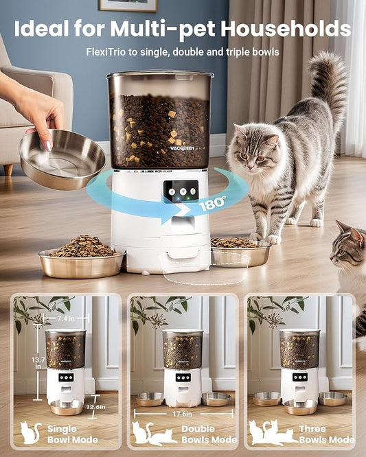 Vacqueen Automatic Cat Feeder for 3 Cats, 6L/25 Cups Smart WiFi Pet Feeder, Strong Anti-Jam System, Dual-Effect Desiccant Cat Food Dispenser, with 10S Voice Recorder for Cats and Small Dog(White)