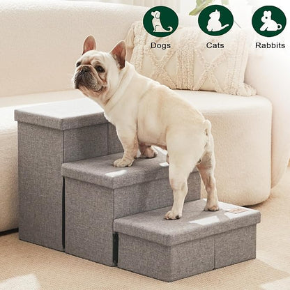 Love's cabin Dog Stairs for High Bed 18"H,Foldable Pet Stairs for Small Medium or Large Dogs Puppy with Storage for Bed or Couch, Cat Dog Steps Ramp with Zip up to 200 lbs(Solid Grey,3 Steps no Condo)