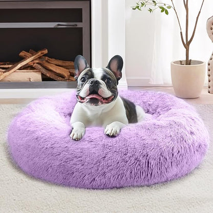 JOLLYVOGUE Small Dog & Cat Beds for Indoor Cats, Donut Cuddler Warming Soft Dog Beds with Anti-Slip Bottom, Round Calming Fluffy Plush Faux Fur Cushion Bed for Small Dogs (23", Purple)