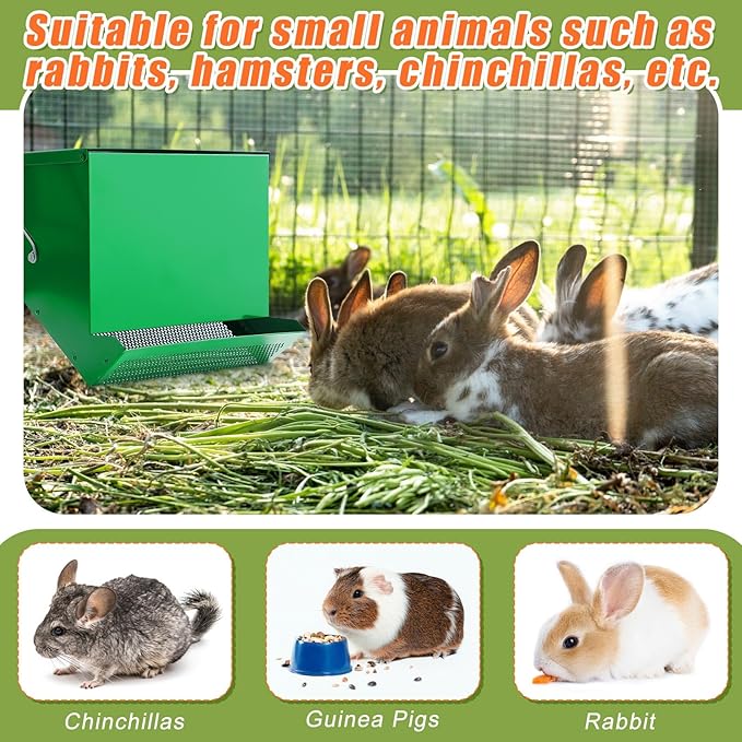 Maxcheck 2 Pcs Rabbit Feeder for Cages Small Animal Food Dispenser with Lid Metal Chicken Grit Oyster Shell Feeders Outside(11.8 Inches,Mesh Bottom,Green)