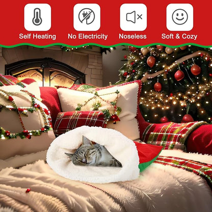 Self Heating Cat Sleeping Bag Self Warming Cat Cave Heated Pad Cozy Soft Winter Washable Wrap Red and Green Pet Sleeping Pouch Snuggle Sack for Puppy Dog Kitten, 24 x 21 Inch