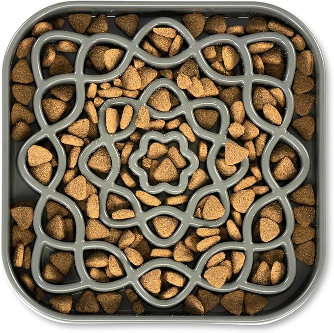 Messy Mutts Interactive Square Puzzle Feeder | Cool Grey (8 Cup) | 11' x 11' Square Slow Feeder for Dogs | Enrichment Food Dish for Slow Eating, Bloating