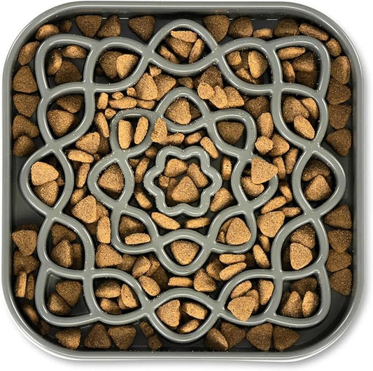 Messy Mutts Interactive Square Puzzle Feeder | Cool Grey (8 Cup) | 11' x 11' Square Slow Feeder for Dogs | Enrichment Food Dish for Slow Eating, Bloating