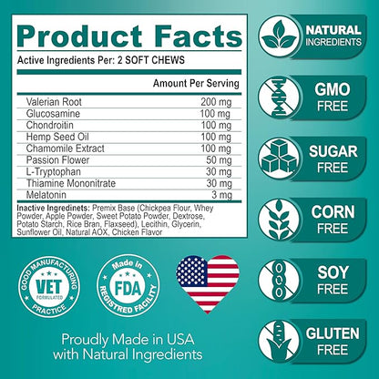 Advanced Calming Chews for Dogs - Hemp Dog Calming Chews - Anxiety Relief with Melatonin - Stress & Separation Anxiety - Sleep Aid + Hip and Joint Supplement Support - Made in USA - 70 Treats