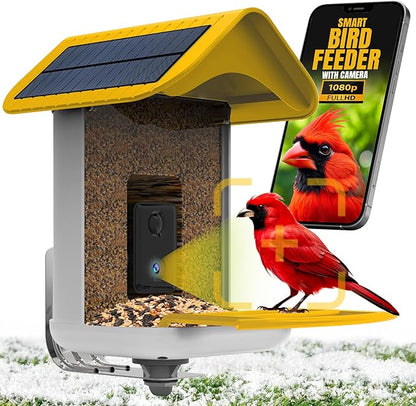Easy Quick Set Up, Smart Bird Feeder with Camera - Dual Solar Panels,1080P High-Definition Wireless Outdoor Video, Durable with Squirrel Alarm for Home, Back Yard, and Identify 10,000+ Bird Species