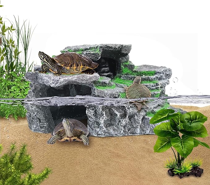 MoonOrange Turtle Basking Platform, Reptile Habitat Hideout, Decorative Resin for Aquarium & Terrarium, Including Artificial Plant and Cleaning Brush.(C-Medium-Black)