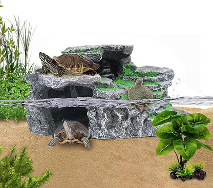 MoonOrange Turtle Basking Platform, Reptile Habitat Hideout, Decorative Resin for Aquarium & Terrarium, Including Artificial Plant and Cleaning Brush.(C-Medium-Black)