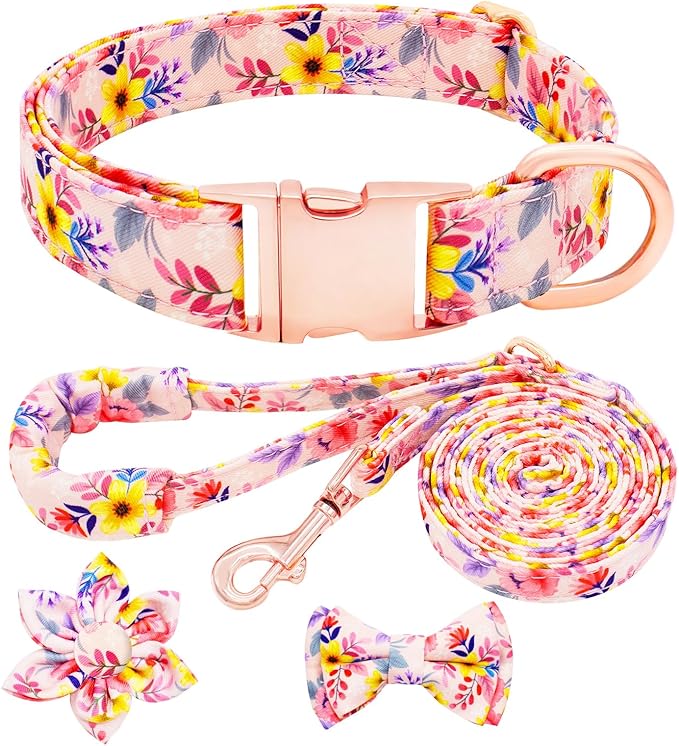 Dog Collar and Leash Set Girls Adjustable Puppy Collars with Floral Bow Tie for Small Medium Large Female Dogs, Pink Flower, S