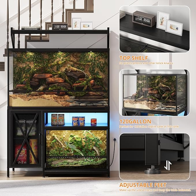 40-120 Gallon Reptile Tank Stand with Power Outlet, 48" X 69" Terrarium Enclosure with Storage Cabinet, Heavy Duty Large Aquarium Stand for Bearded Dragon, Snakes, Lizards