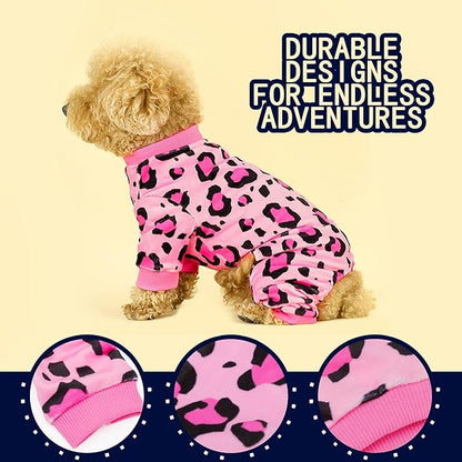 Paiaite Dog Pajamas Onesie: Comfortable Four-Legged Apparel for Small, Medium, & Large Dogs, Polyester Material for Comfort, Wrinkle Resistance, Moisture Wicking, and Stretchiness Pink Leopard XS