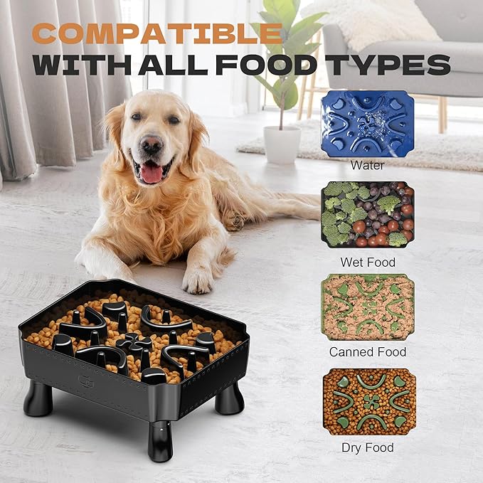 UPSKY Slow Feeder Dog Bowl, 2-in-1 Raised Dog Bowl with Anti-Choking Maze Puzzle, 2-6 Cups Pet Food for Small & Medium Breeds, Interactive Pet Feeder to Slow Eating, Reduce Boredom Black