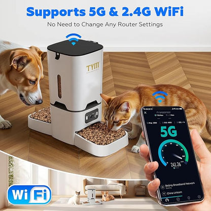 TYM Automatic Cat Feeder with 2 Camera for 2 Cats,7L Dog Automatic Feeder with Night Vision 2K 4MP 5G WiFi Cat Feeder with Smart App Two-Way Audio Privacy Masking-Stainless Steel