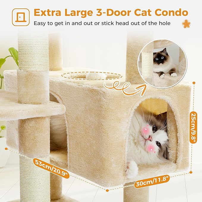PAWZ Road Large Cat Tree, 72 Inches Cat Tower for Large Cats, Cat Condo with Sisal-Covered Scratching Posts and Pads, 2 Padded Perch, Dual Condo and Basket for Indoor Cats-Beige