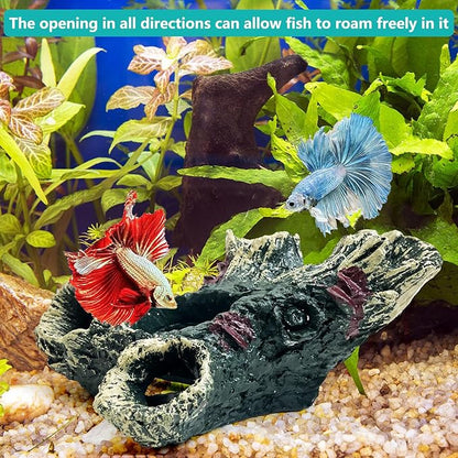 Tfwadmx Decaying Trunk Aquarium Ornament, Betta Fish Hideout Caves - Small Resin Aquarium Decoration Log with Holes for 20 Gallon Fish Tank