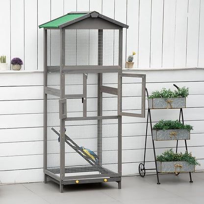 PawHut 65" Wooden Bird Cage Outdoor Aviary House for Parrot, Parakeet, with Pull Out Tray and 2 Doors, Grey