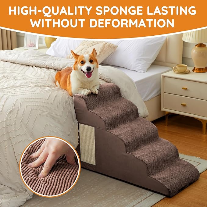 Pet Stairs, Dog Stairs for Small Dogs, Dogs Steps, 3-Step Curved Dog Ramp for Bed, Couch, Sofa, Car and Chair, Non-Slip Bottom Design, Cat Scratching Board, High Density Foam Portable Pet Step, Coffee