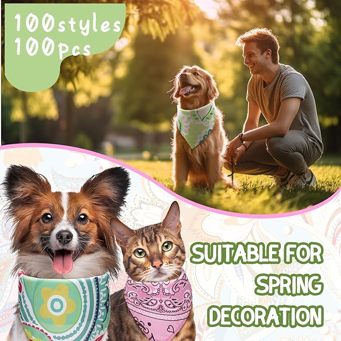 100 Pcs Paisley Dog Bandanas Bulk Pet Bibs Colorful Triangle Scarf Pet Paisley Bandanas for Medium Large Dogs Spring Summer Birthday Costume Decoration