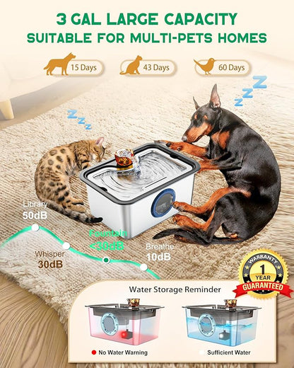 Dog Water Fountain for Large Dogs, 12L/ 3 Gallon Automatic Pet Drinking Fountain for Multiple Pets SUS 304 Stainless Steel, with Large Filter and Quiet Pump, No Spill, BPA-Free,