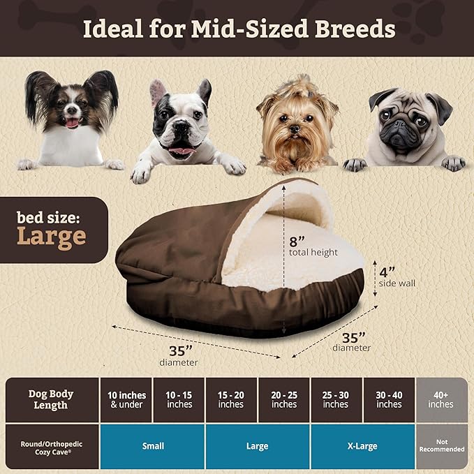 Snoozer Cozy Cave Dog Bed - Indoor Dog Bed with Cover Cave, Covered Calming Burrow for Small & Medium Sized Pets with Blanket Attached, Enclosed, Removable Washable Cover - Large, Hot Fudge