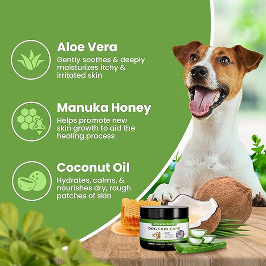 Hot Spot Treatment for Dogs - Pet Wound Care: Healing Ointment for Pets Itchy Skin Relief, Dry Skin Treatment, Natural Allergy Relief, Dog Paw Balm + Manuka Honey, Aloe Vera, Vitamin E (8 Oz.)
