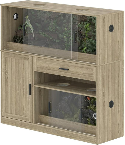 DAWNSPACES Terrarium Stand, Bearded Dragon Cage, Reptile Tank Stand Enclosure, Terrarium Table with Tempered Glass, Ventilation Holes, 1 Cabinet and 1 Drawer for Living Room, Light Oak