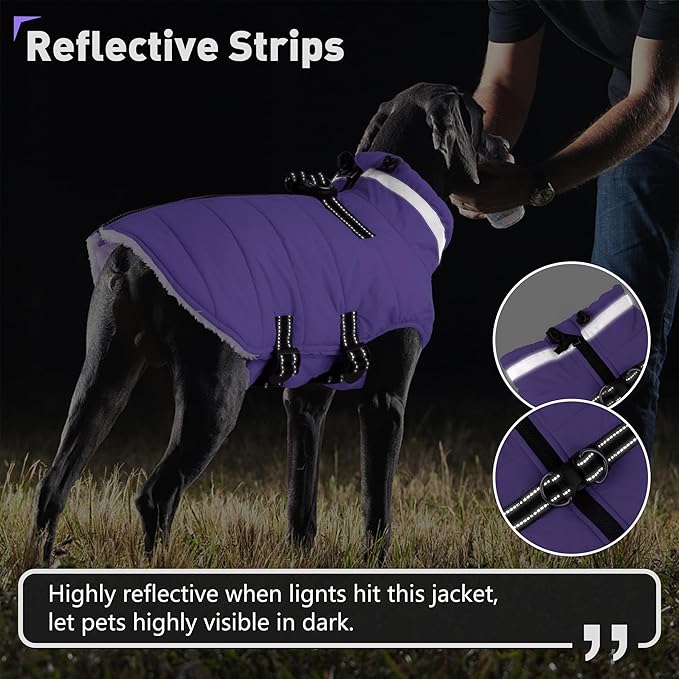 Dogcheer Dog Coat with Harness, Waterproof Dog Jacket Adjustable Winter Coat with Zipper, Christmas Puppy Snow Jacket Fleece Sweater for Small Medium Large Dogs - Taro Purple L