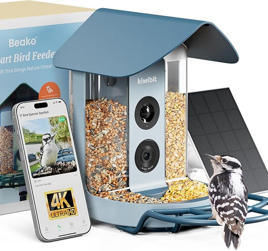 Beako™ Smart Bird Feeder with 4K Camera Solar Powered for Outdoors - UHD Live Stream for Birdwatching, AI Identification 10,000+ Bird Species, Real-Time Motion Detection, Bluejay Sky