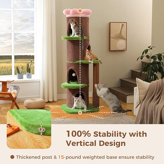 Forest Cat Tree Tower with 4 Condos, 68.5" Tall Cat Tower with Flower Top Bed & Thick Scratching Post (φ3.8in) – Large Heavy Duty Tree That Looks Like a Tree for Indoor & Multi-Cat Households