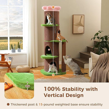 Forest Cat Tree Tower with 4 Condos, 68.5" Tall Cat Tower with Flower Top Bed & Thick Scratching Post (φ3.8in) – Large Heavy Duty Tree That Looks Like a Tree for Indoor & Multi-Cat Households