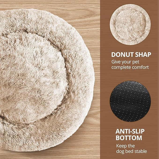 JOLLYVOGUE Small Dog & Cat Beds for Indoor Cats, Donut Cuddler Warming Soft Dog Beds with Anti-Slip Bottom, Round Calming Fluffy Plush Faux Fur Cushion Bed for Large Dogs (36")