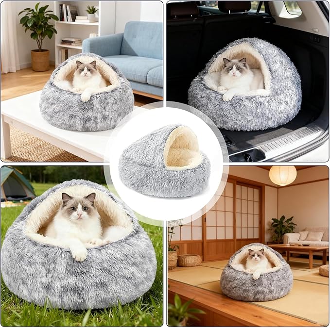 Nest Bed, Round Plush Hooded Cat Cave, Covered Cat Bed for Indoor, Warm Plush Cave Style Cats House with Hood, Anti-Slip, Cozy Winter Sherpa Lounger for Cats and Small Puppies