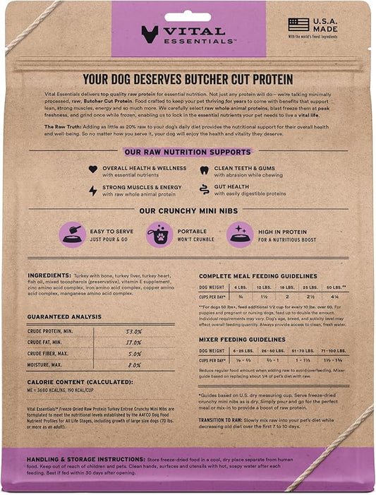 Vital Essentials Freeze-Dried Raw Turkey Crunchy Mini Nibs | Complete Meal or Mixer Dog Food | 25 oz